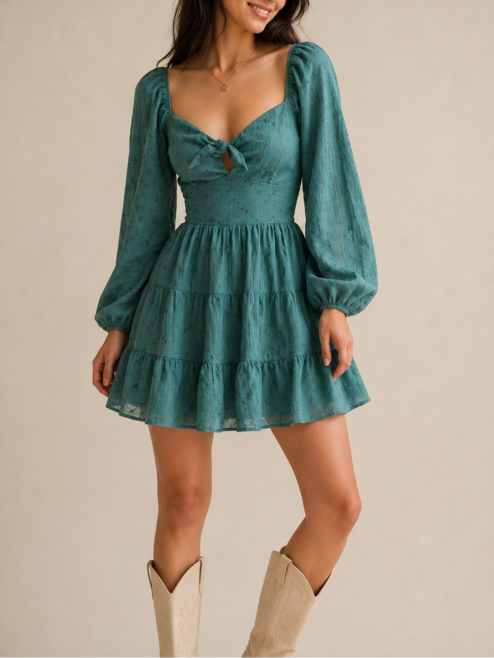 Trixxi M Teal Embroidered Floral Tie Front Puff Sleeve Tiered Mini Dress